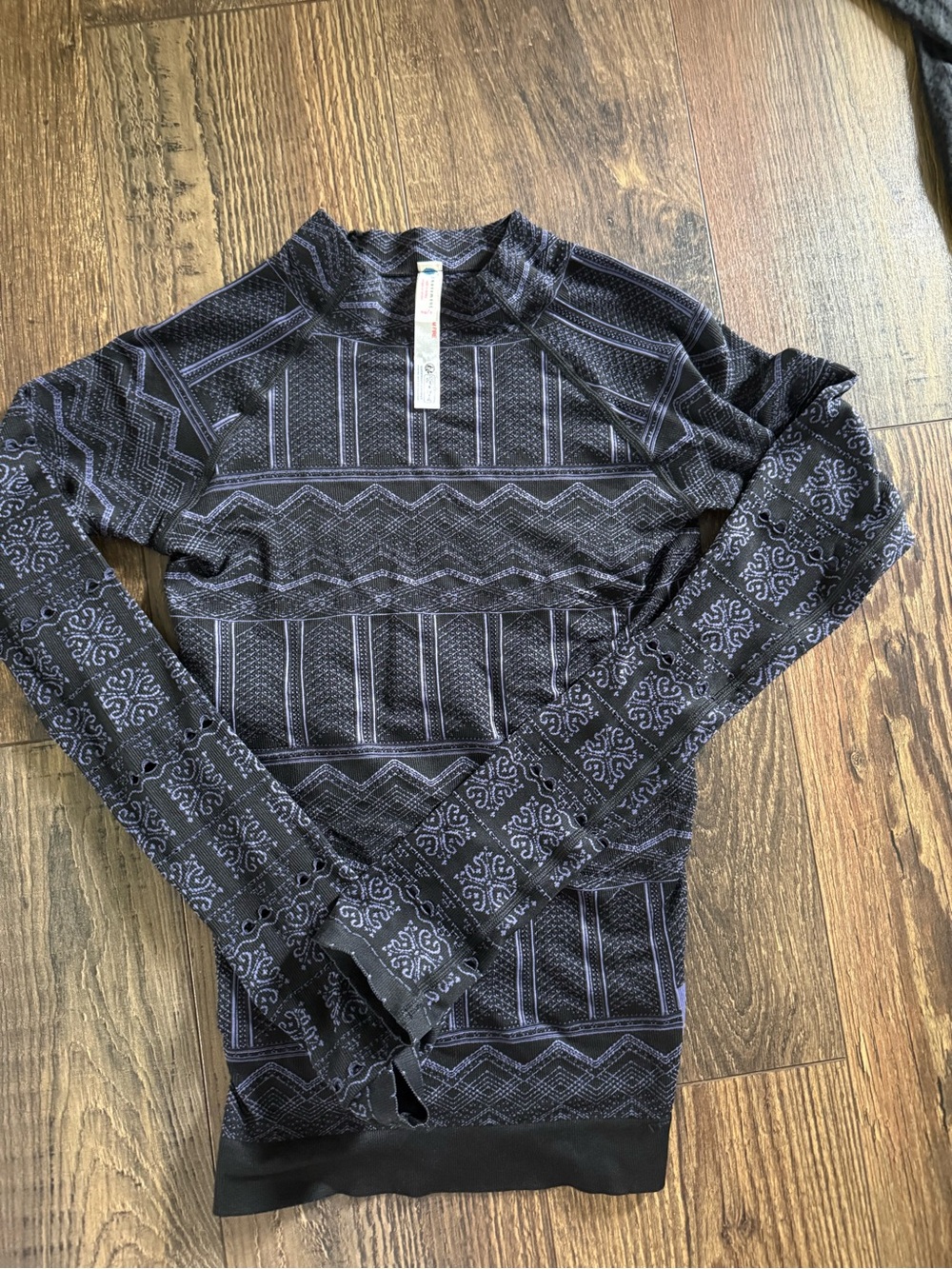 FP Movement by Free People Black Patterned Long-Sleeve Mock Neck Top
